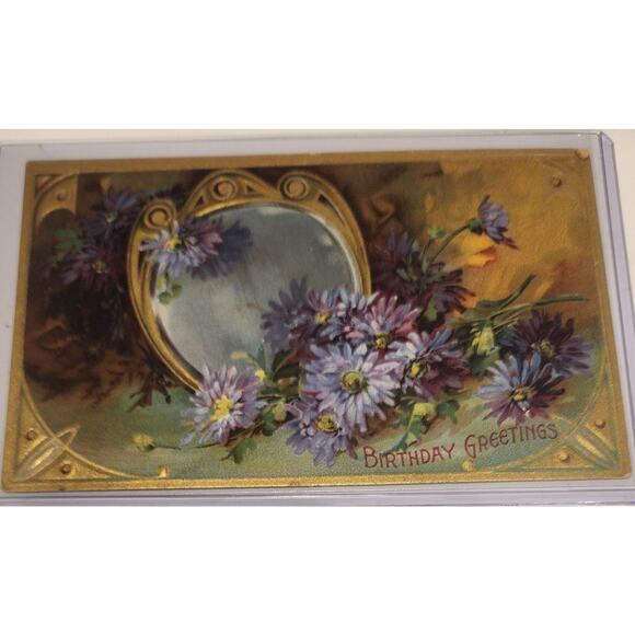 Lot Of Four Vintage Antique Embossed Postcards Flowers Birthday Mirrors - Picture 4 of 9